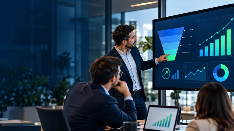 Executivos em reunião analisando um funil de vendas B2B e gráficos de crescimento em uma tela, representando estratégias comerciais, conversão e aumento de vendas.