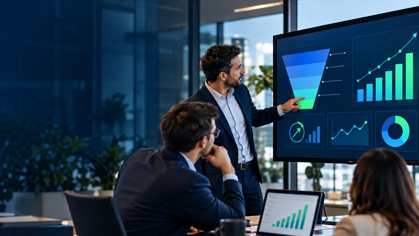 Executivos em reunião analisando um funil de vendas B2B e gráficos de crescimento em uma tela, representando estratégias comerciais, conversão e aumento de vendas.