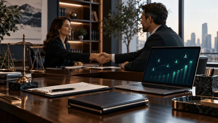 Advogados em um escritório corporativo moderno cumprimentam-se durante uma reunião, com uma balança da justiça em destaque e um notebook exibindo gráficos de crescimento e relacionamento com clientes, representando captação ética, estratégia comercial e desenvolvimento de negócios na advocacia.