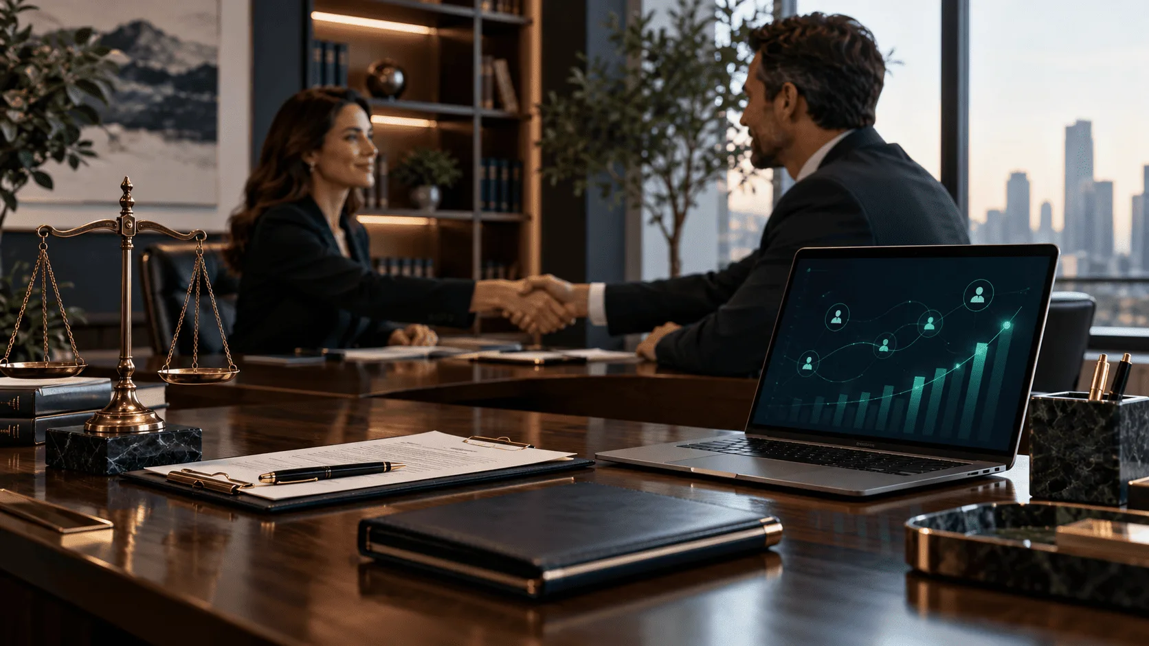 Advogados em um escritório corporativo moderno cumprimentam-se durante uma reunião, com uma balança da justiça em destaque e um notebook exibindo gráficos de crescimento e relacionamento com clientes, representando captação ética, estratégia comercial e desenvolvimento de negócios na advocacia.