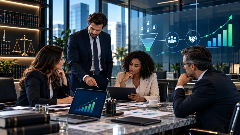 Reunião com pessoas em volta de uma mesa discutindo a estrutura comercial para escritórios de advocacia