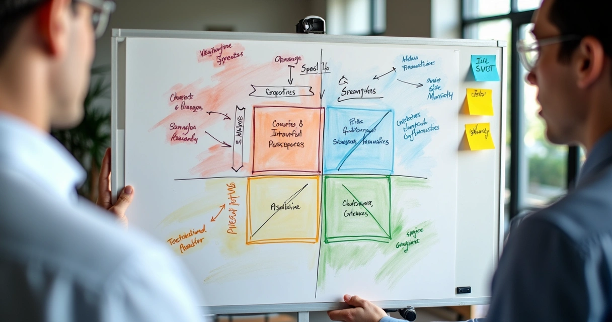 Quadro branco com matriz SWOT colorida 