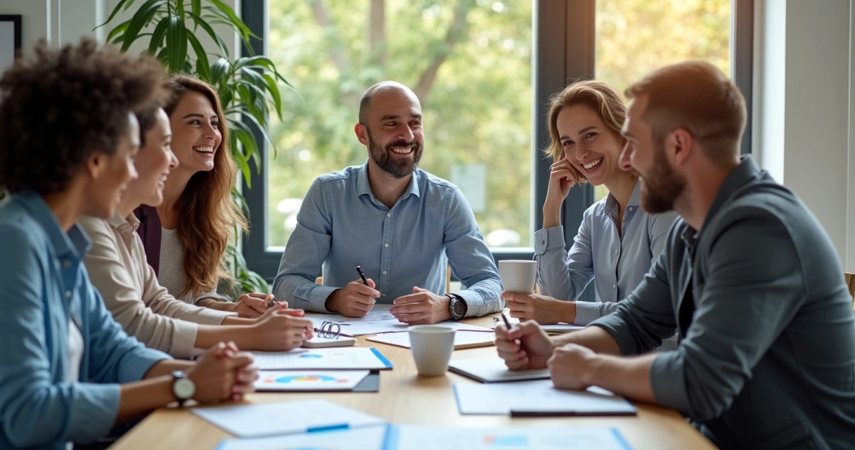 Equipe reunida em volta da mesa celebrando resultados 