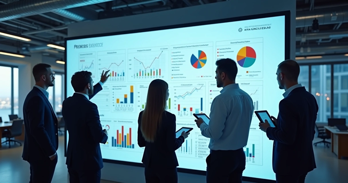 Equipe analisando fluxograma de processos em tela grande 