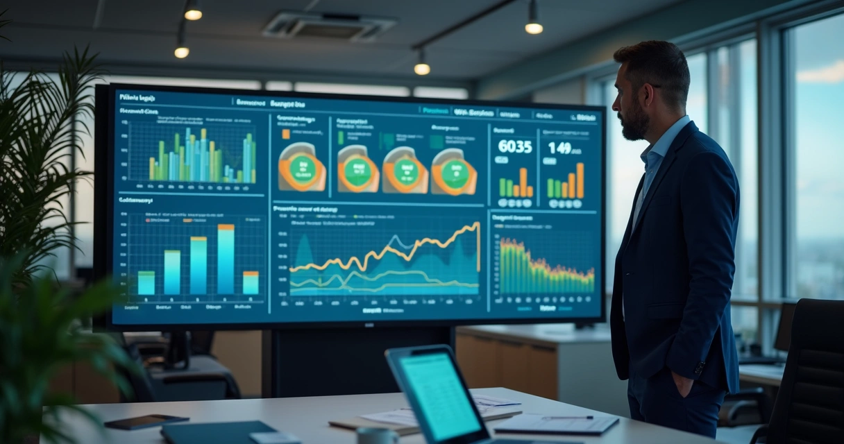 Painel digital com gráficos e gestor analisando metas da empresa 