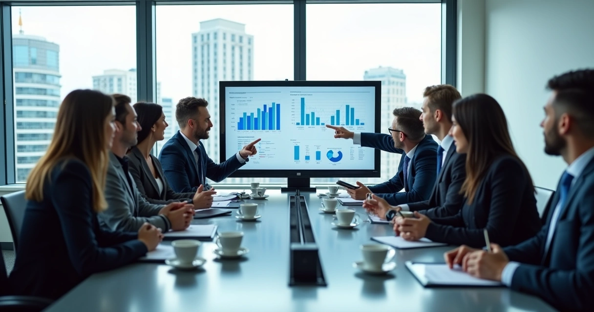 Reunião de consultores com gestores em uma sala de reuniões moderna 
