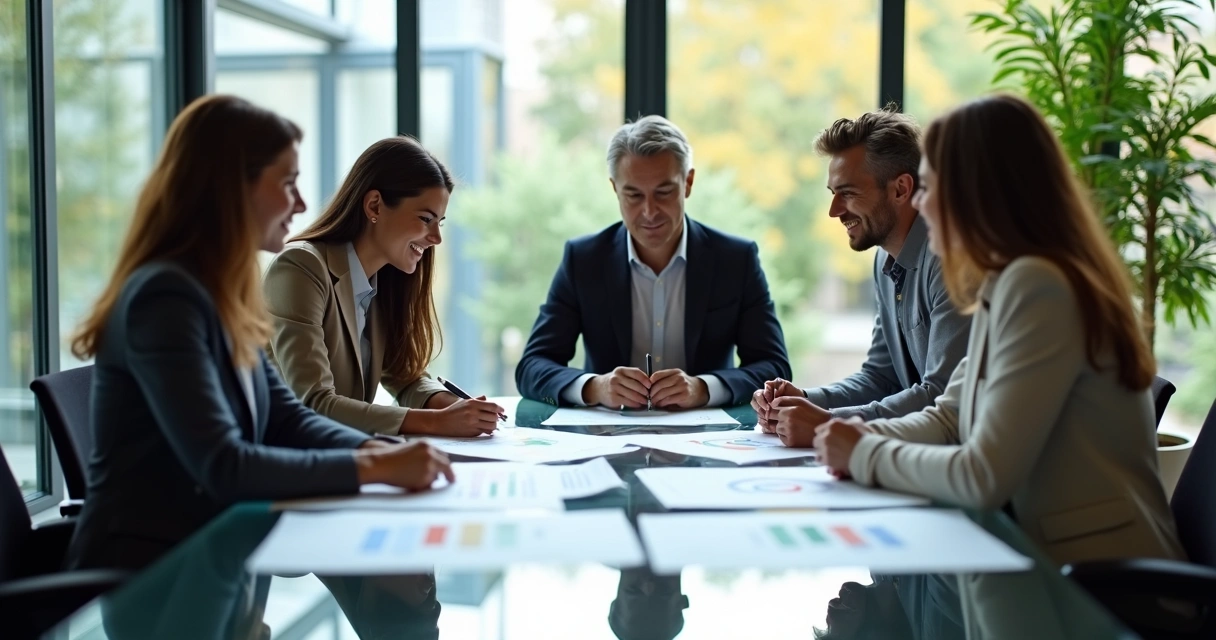 Equipe reunida em sala com porta de vidro, discutindo relatório ESG 