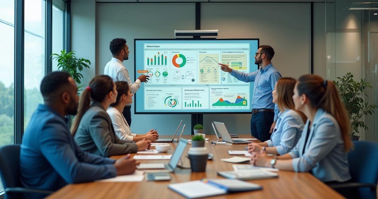 Equipe reunida diante de painel com mapa estratégico e indicadores 
