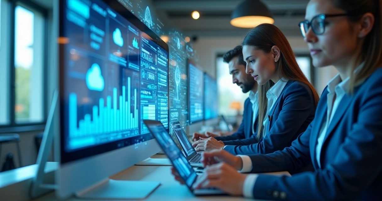 Processo digital de vendas com gráficos, pessoas e ícones de tecnologia integrados 