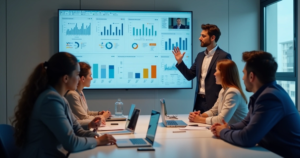 Equipe de vendas recebendo treinamento prático ao redor de monitor grande 