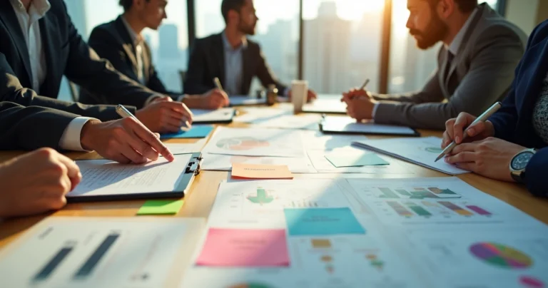 Equipe de empresários e assessores organizando plano de ação empresarial sobre grande mesa