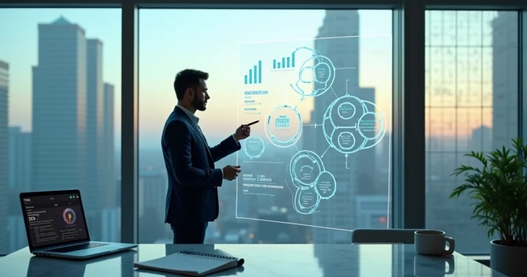Consultor comercial aponta painel transparente com métricas de vendas e canais de negócio