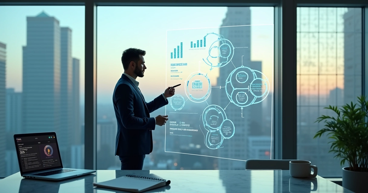Consultor comercial aponta painel transparente com métricas de vendas e canais de negócio