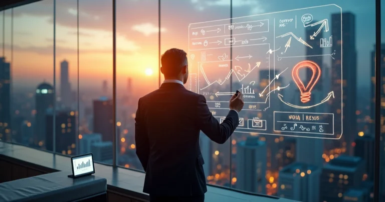 Consultor organizando metas estratégicas em quadro transparente com cidade ao fundo