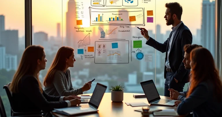 Consultor de gestão comercial brasileiro orienta equipe de vendas diante de quadro com resultados