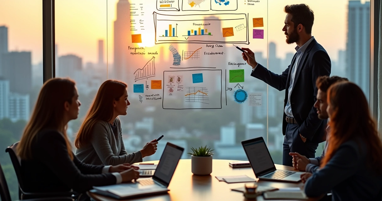Consultor de gestão comercial brasileiro orienta equipe de vendas diante de quadro com resultados