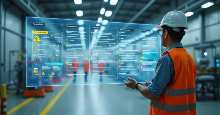 Consultor de segurança do trabalho ajustando painel digital de riscos ocupacionais em ambiente industrial