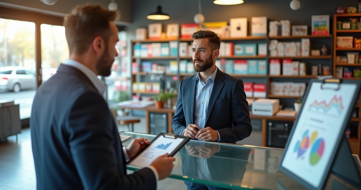 Consultor de vendas acompanhando vendedora em visita a cliente comercial