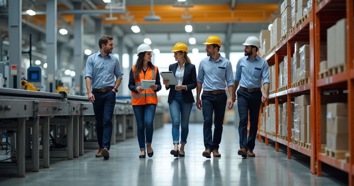 Consultor conversa com gestores em chão de fábrica moderno
