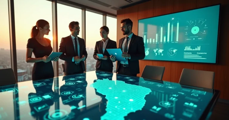 Consultores analisando mapa do Brasil com ícones de estratégias empresariais