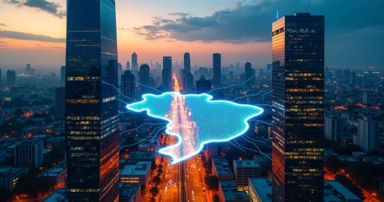 Dois prédios corporativos distintos vistos de cima ligados por luzes sobre mapa do Brasil