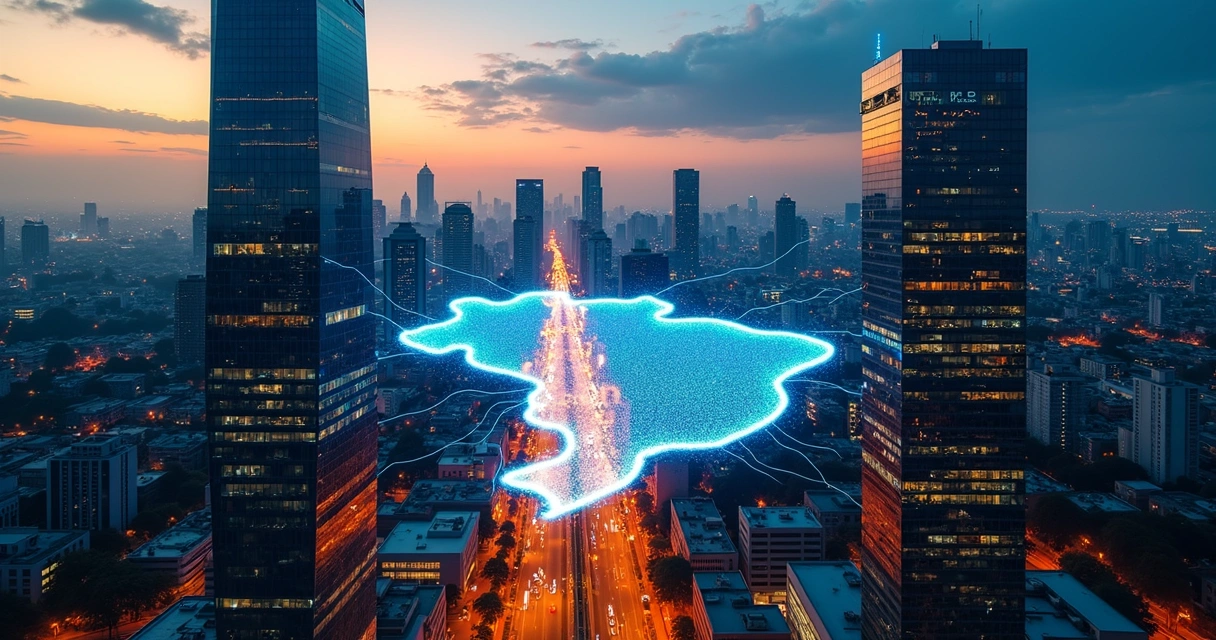 Dois prédios corporativos distintos vistos de cima ligados por luzes sobre mapa do Brasil