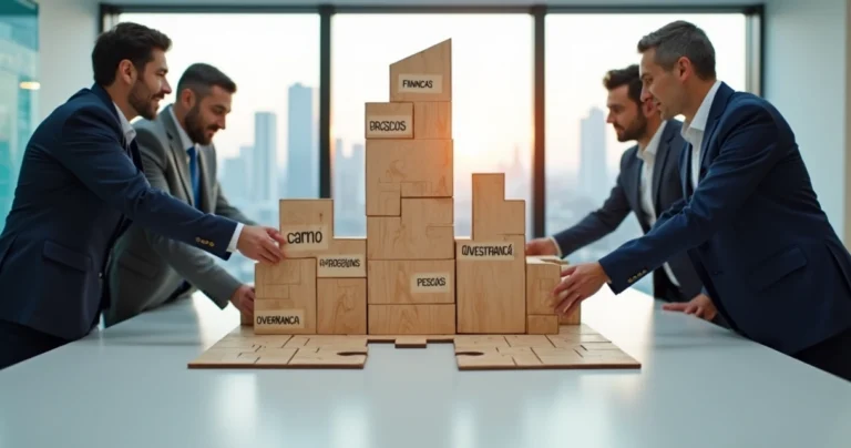 Equipe organizando peças de quebra-cabeça em formato de prédio empresarial