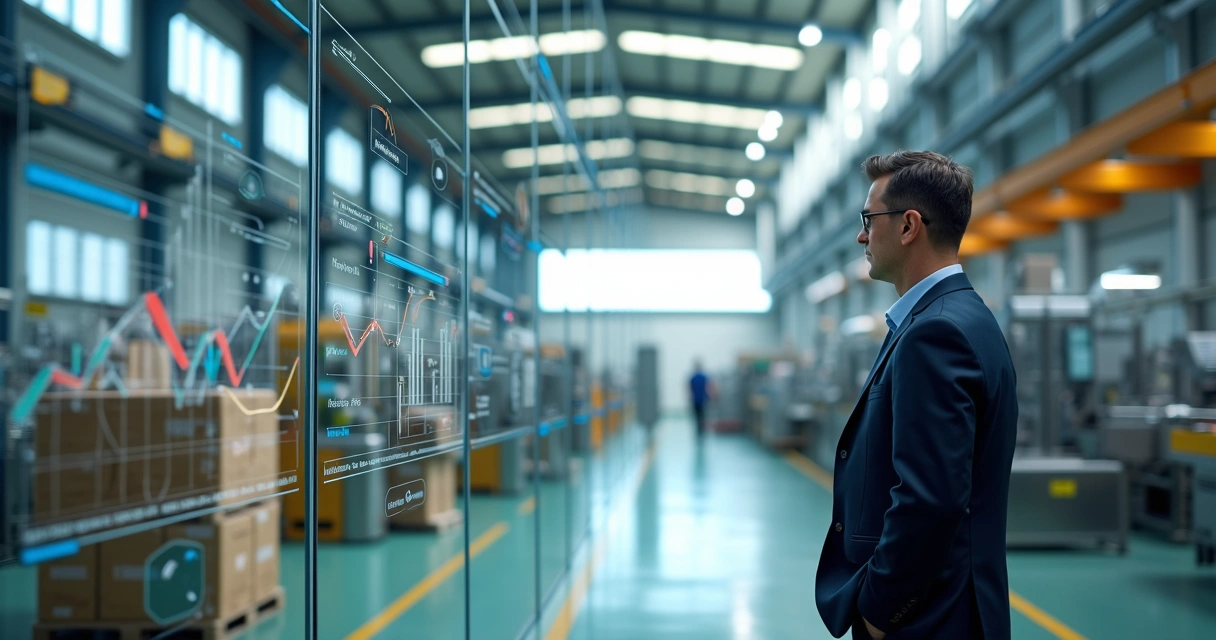 Diretor industrial analisa mural com gráficos de vendas em fábrica moderna