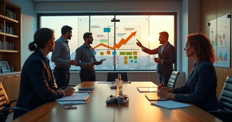 Equipe de gestores analisando painel com consultor empresarial