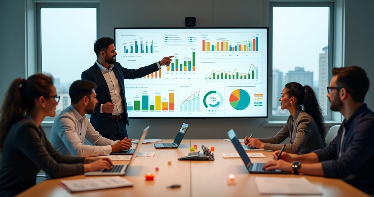 Líder comercial apresentando resultados de vendas em tela grande para equipe de vendedores