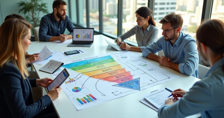 Equipe comercial reunida ao redor de mesa com funil de vendas desenhado