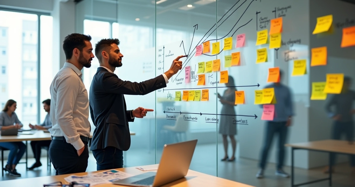 Consultor ajustando estratégia comercial B2B em quadro de vidro com gráficos e post-its