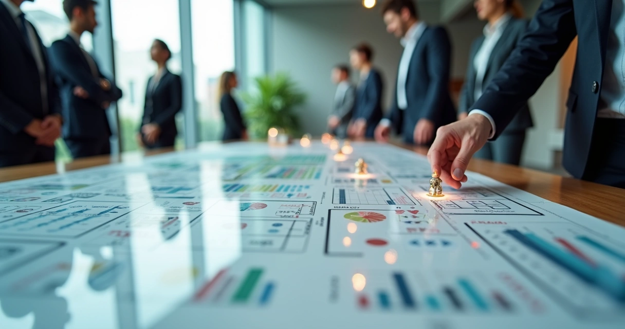Tabuleiro de estratégia empresarial ganhando vida em ambiente corporativo