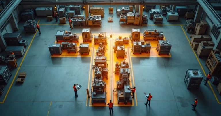 Linha de produção industrial em formato de T com parte à direita mostrando fase de recuperação