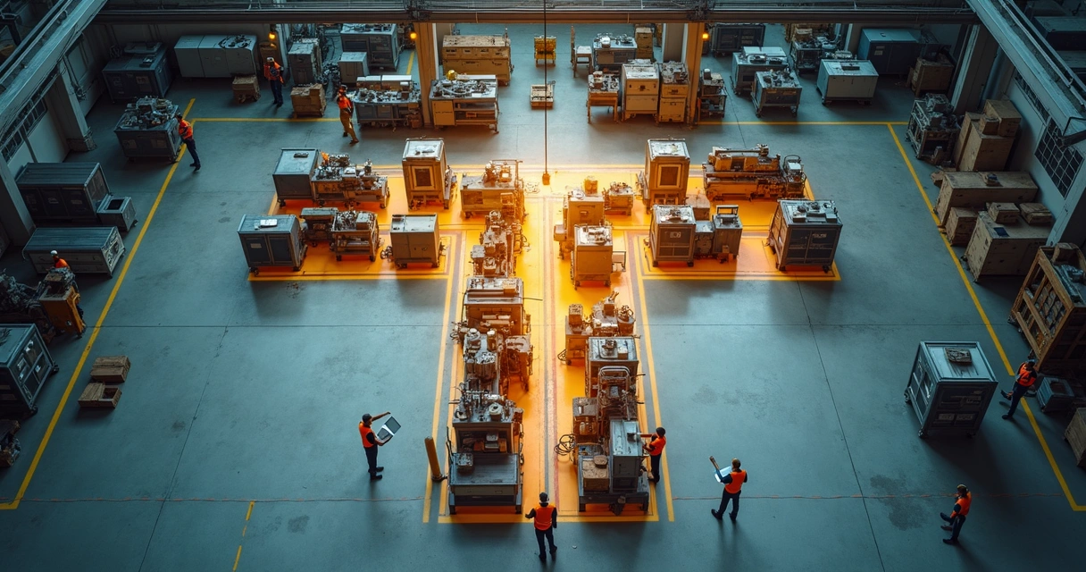 Linha de produção industrial em formato de T com parte à direita mostrando fase de recuperação