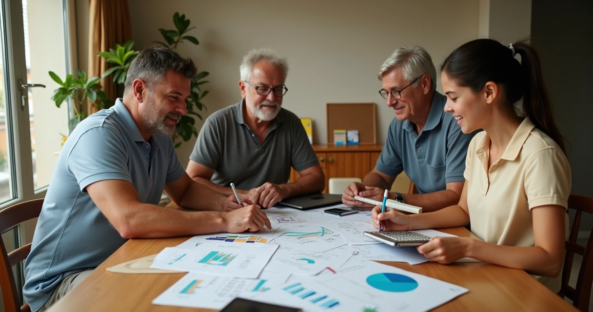 Família organizando finanças em volta da mesa da sala de jantar