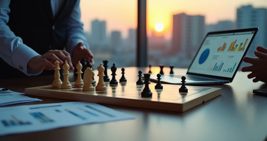 Tabuleiro de xadrez com peças estratégicas ao lado de notebook com gráficos de desempenho