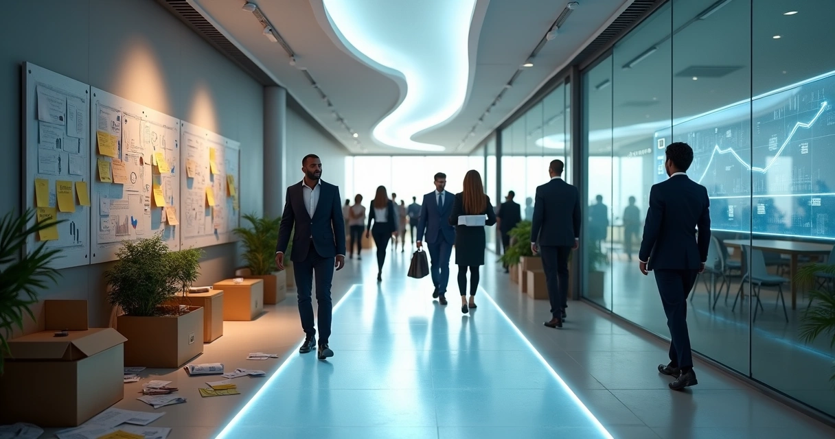 Equipe caminhando por corredor corporativo dividido entre desordem e organização