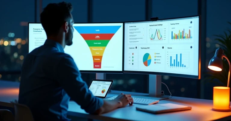 Gestor analisando funil de vendas e CRM em dois monitores enormes