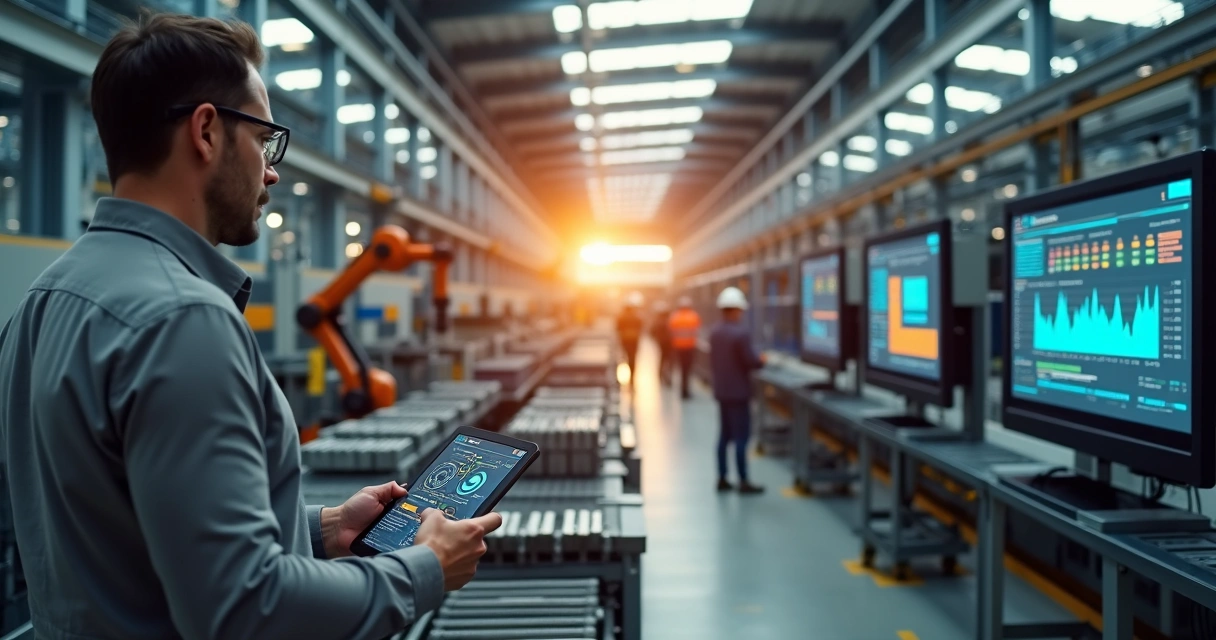 Gestor acompanha linha de produção automatizada com painel digital ao fundo