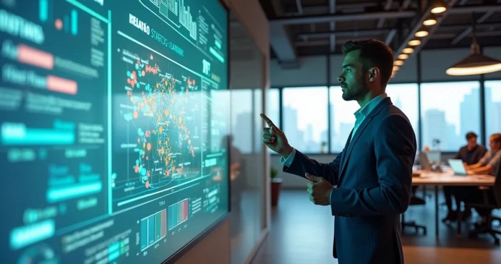 Gestor brasileiro analisando painel digital de planejamento estratégico em escritório moderno