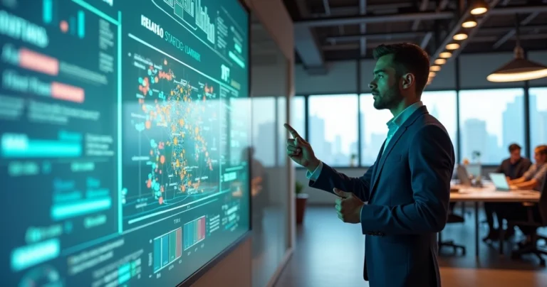 Gestor brasileiro analisando painel digital de planejamento estratégico em escritório moderno