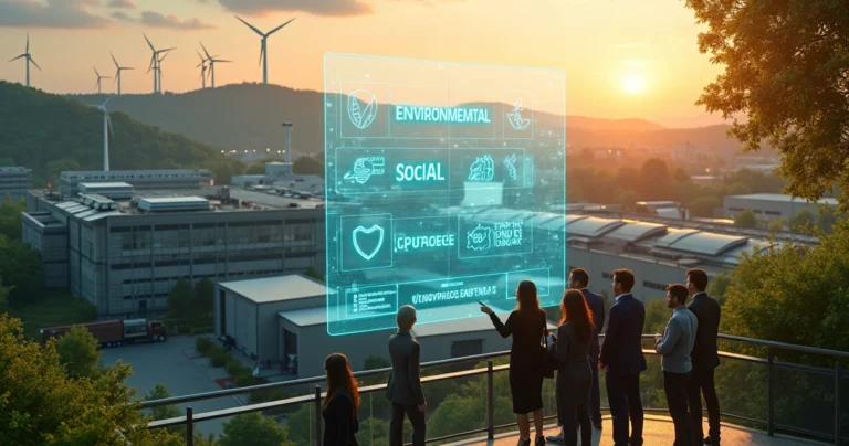 Parque industrial integrado a floresta com destaque para símbolos de ESG