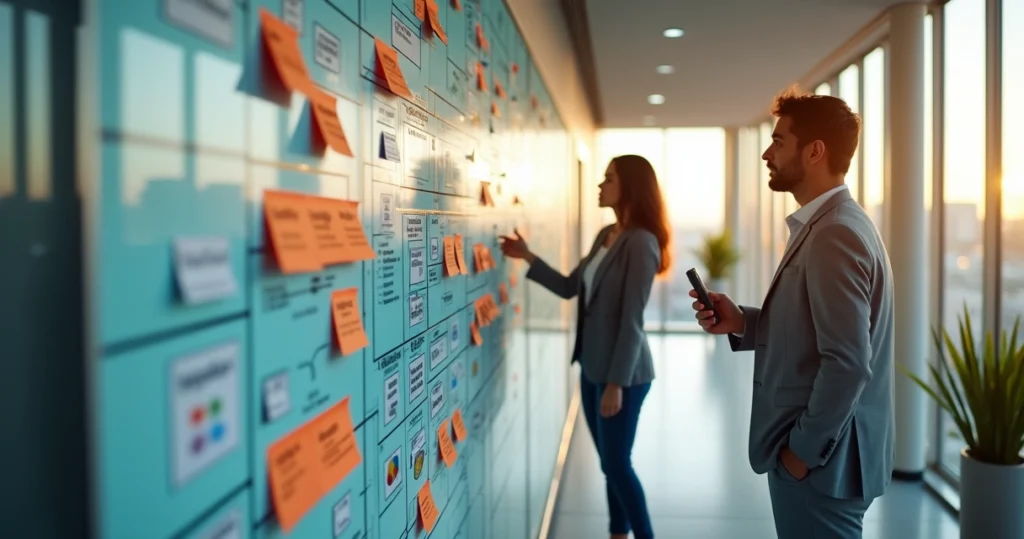 Mapas estratégicos multicoloridos organizados em grande quadro kanban corporativo