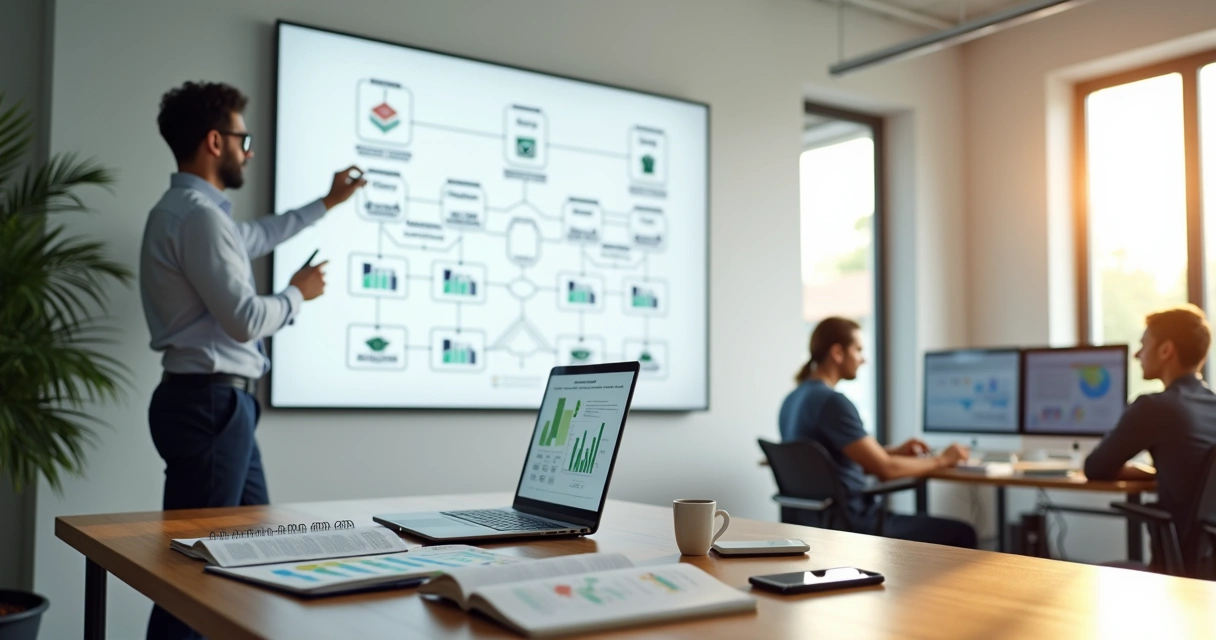 Gestor monta mapa de processos financeiros em parede com ícones conectados