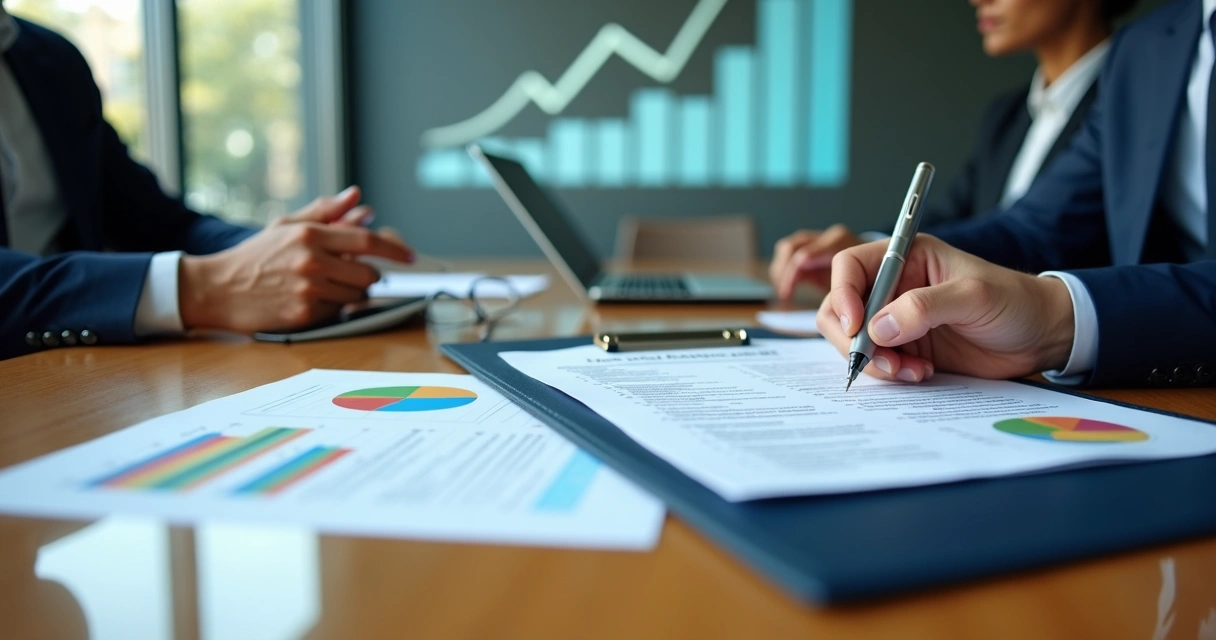 Gestores assinando contrato de reestruturação financeira com documentos e gráficos sobre a mesa