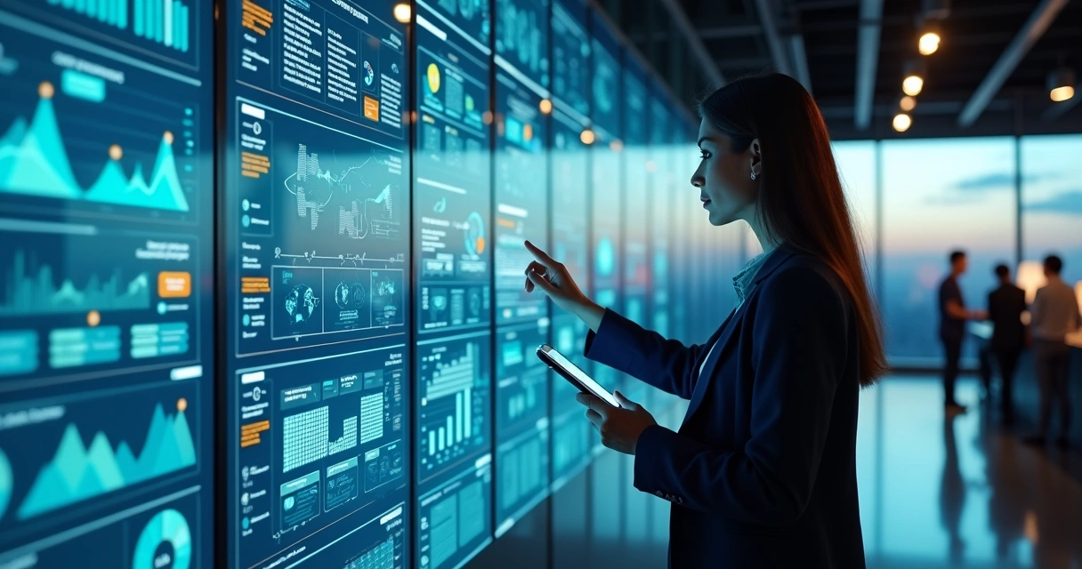 Gestora observa grande painel de controle empresarial dividido por áreas críticas