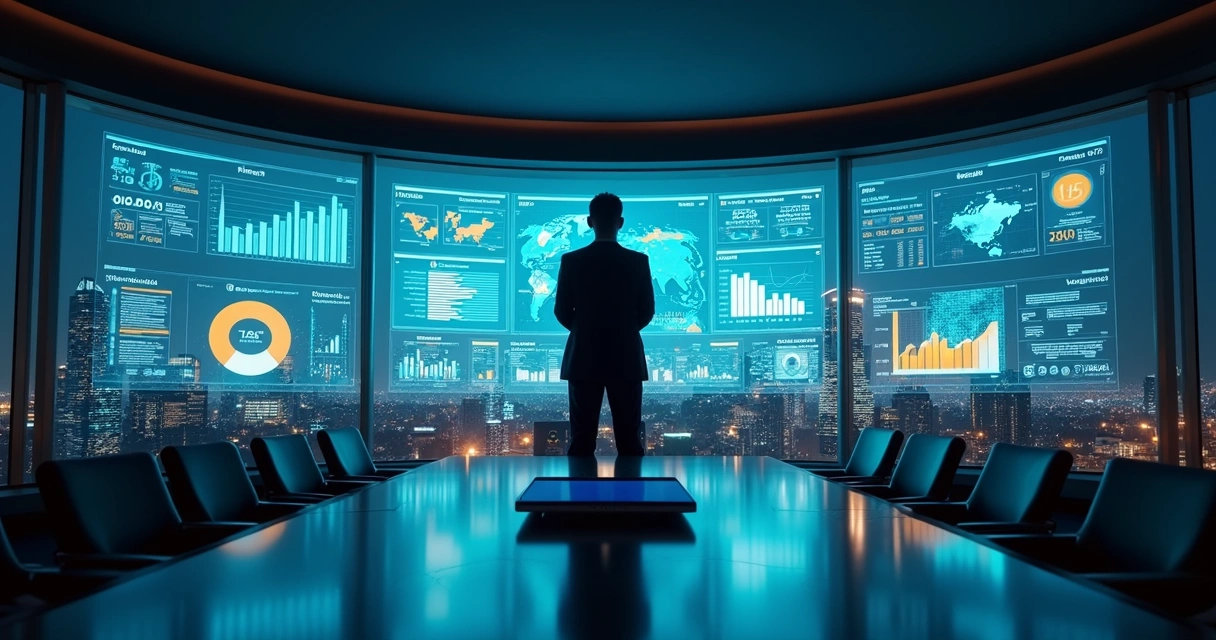 Gestor observando grande painel digital com KPIs e gráficos coloridos