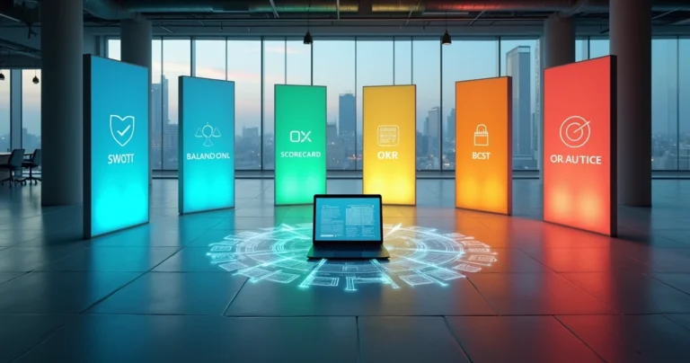Painéis coloridos de estratégias empresariais formando um círculo vistos de cima