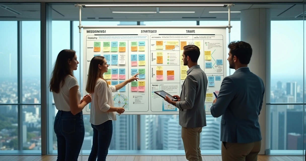 Painel colorido com plano estratégico empresarial em parede de escritório moderno